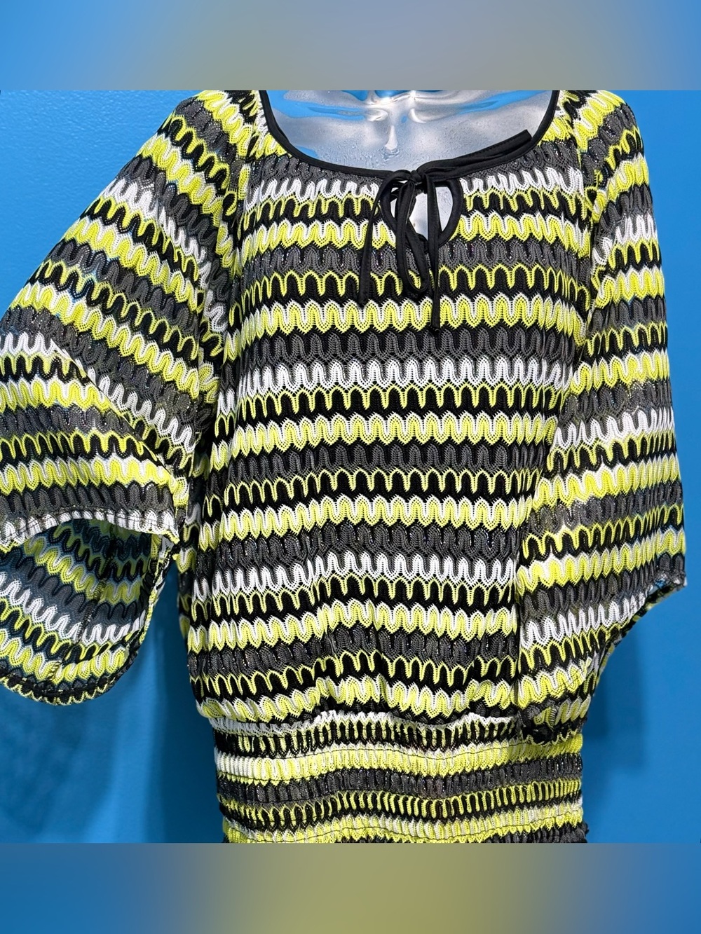Cato Retri Wavy Stripe Knit Peasant Top in Black, Yellow & White Lace Women’s
